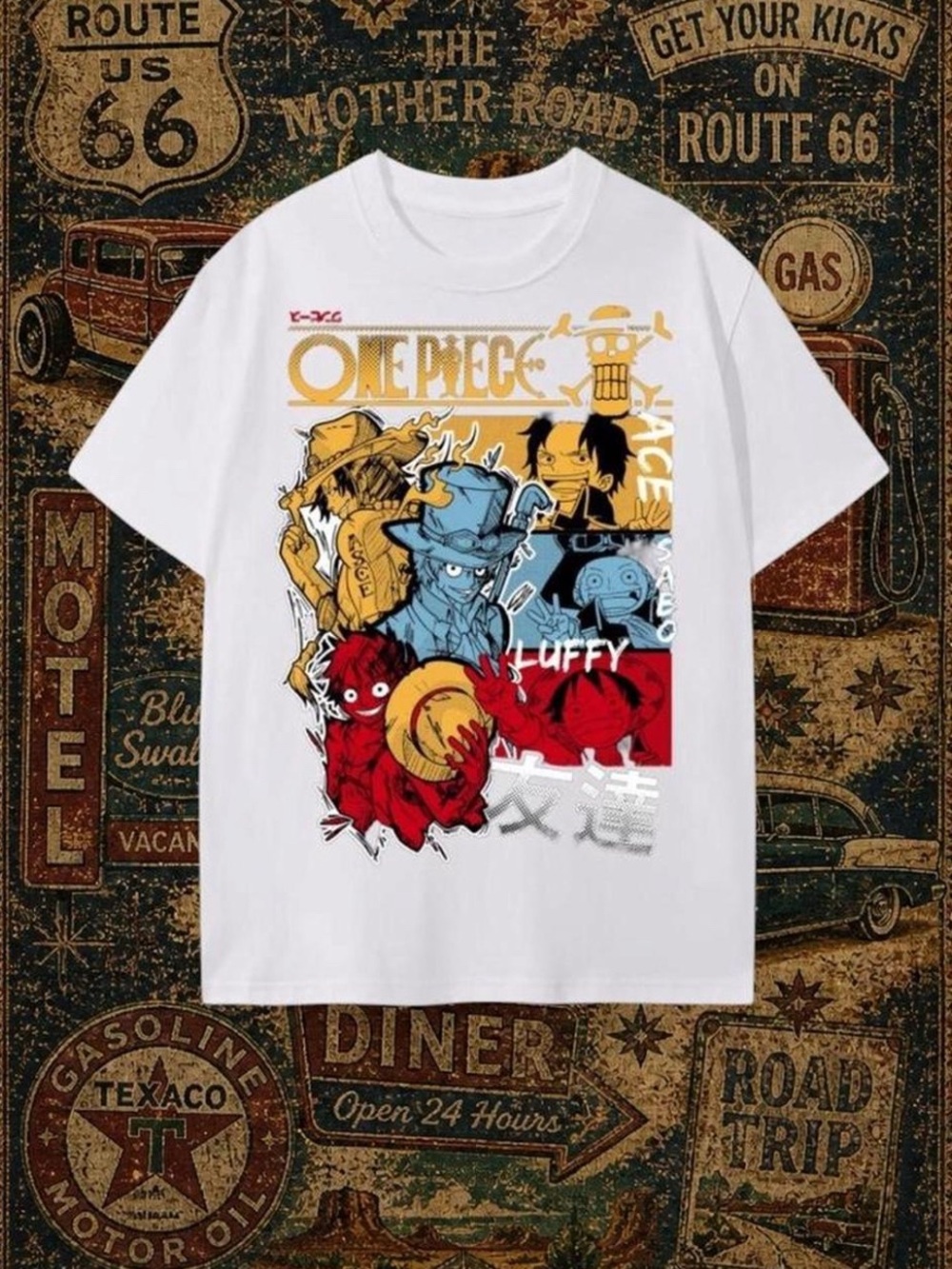 One Piece Graphic Tee - White with Multicolor Crew Art
